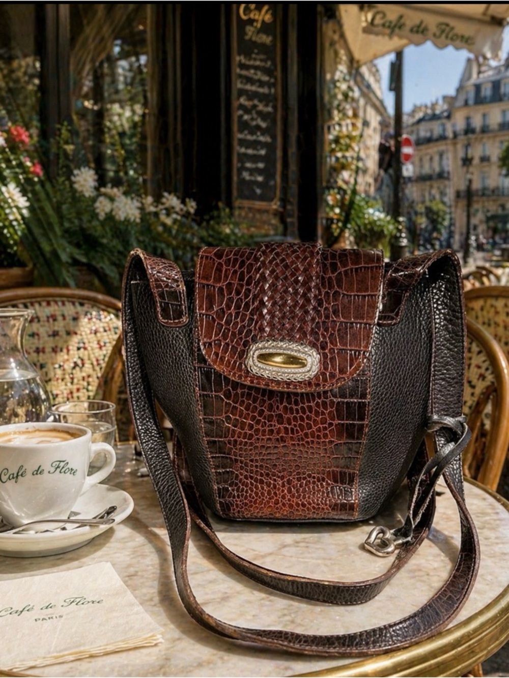 Brighton Brown Croc-Embossed and Black Leather shoulder Bag